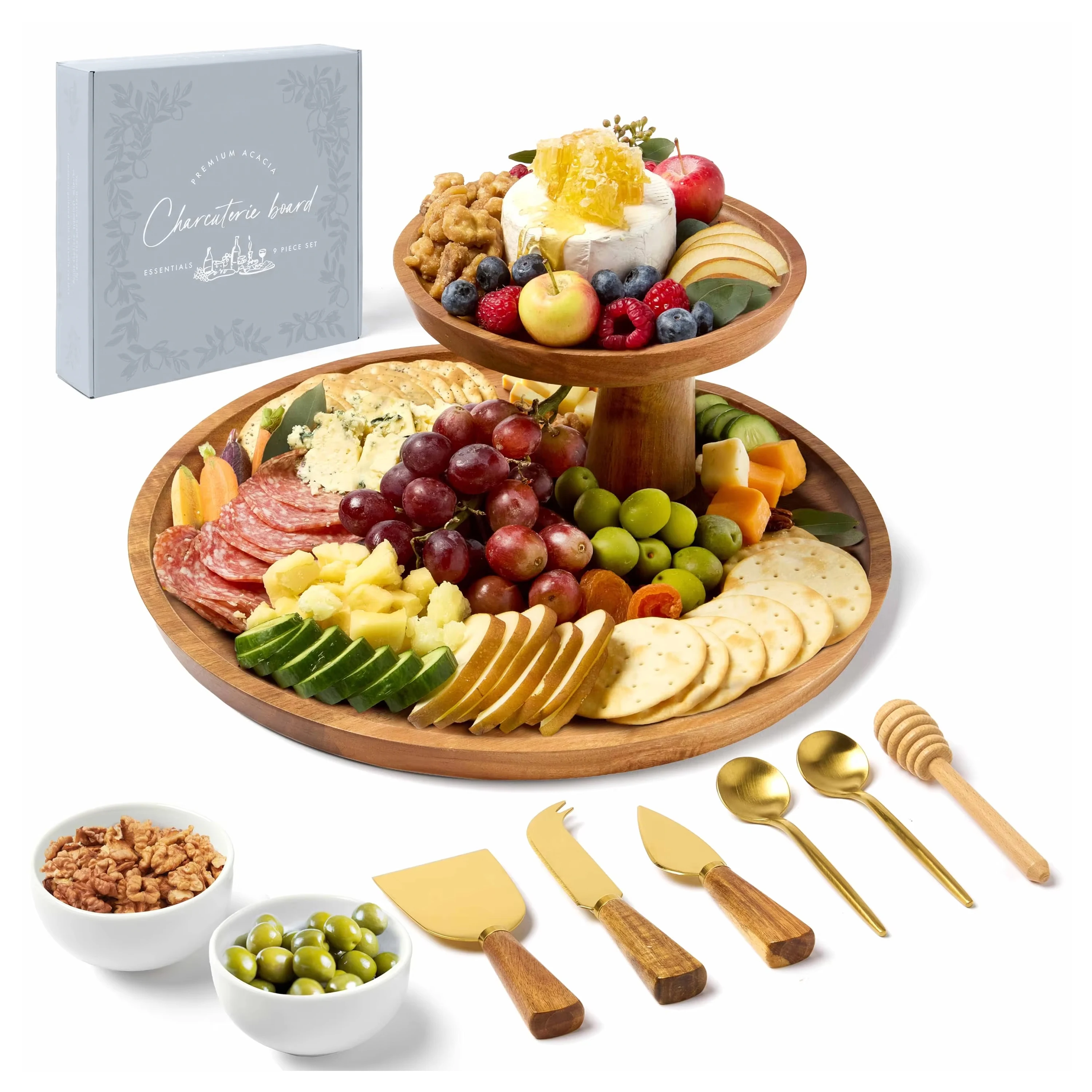 product acacia wood cheese board 2 tier charcuterie board set round cheese serving tray with knives bowls honey dipper for party-8
