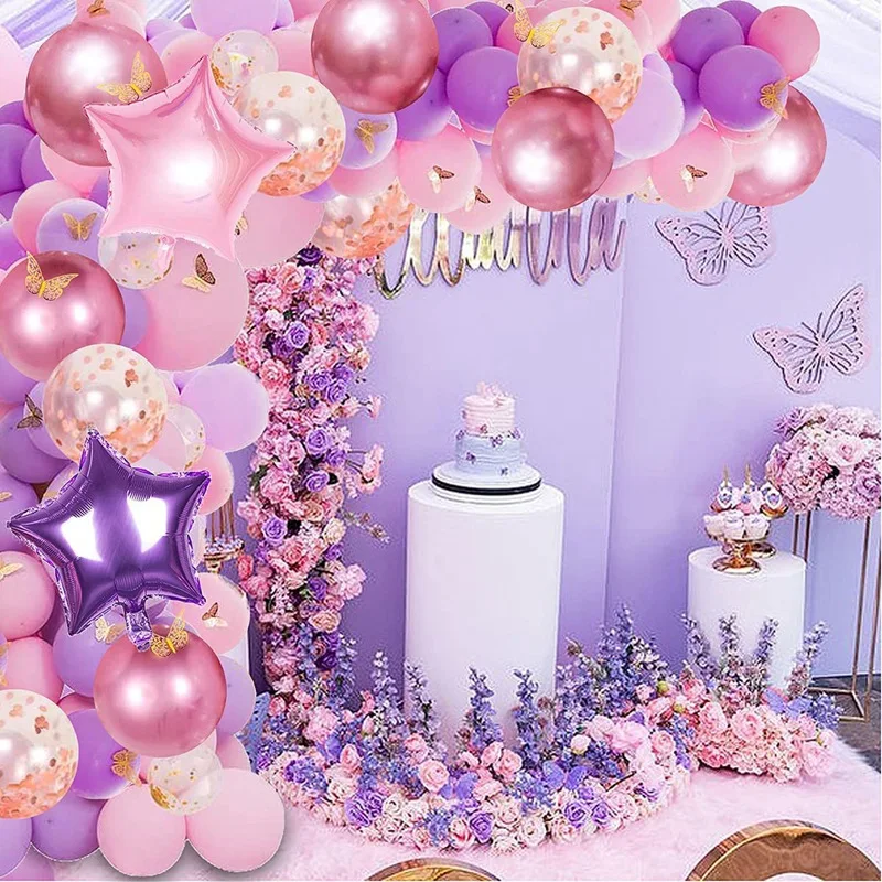 Hot Sale 121Pcs Butterfly Pink and Purple Balloon Garland Set Kids Birthday Party Party Accessories