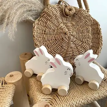 Wholesales educational wooden toys cute rabbit shape wooden toy car with wheels for kids gift