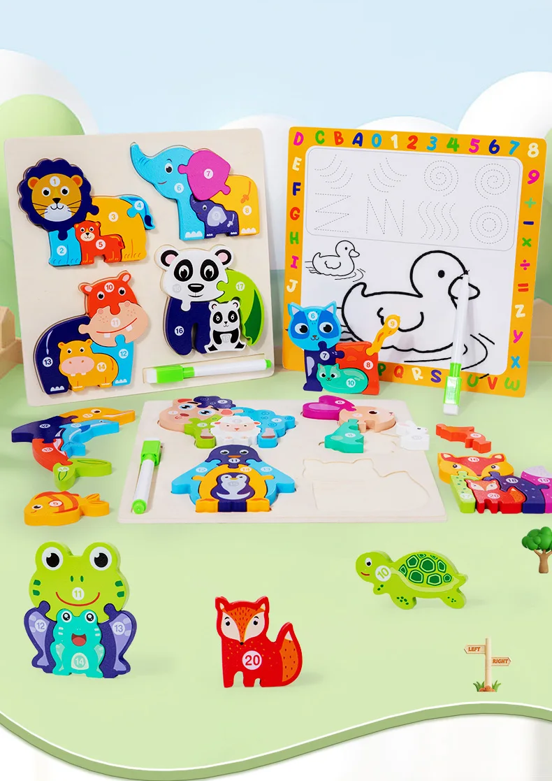 Puzzle 2D Animal en bois Montessori 1 en 3 pour enfants, Puzzle de dessin animé pour éducation précoce, avec fournisseur de planche à dessin