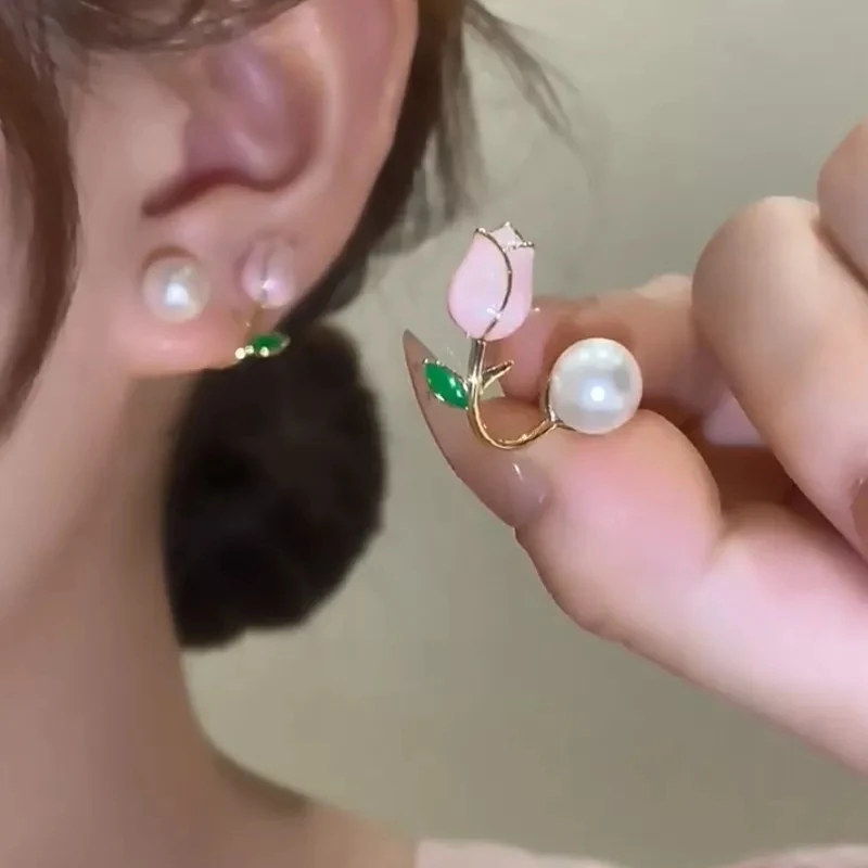 New Pink Flower Earring Summer Small Fresh Tulip Design Elegant Modern Stud Earrings With Two Pearls