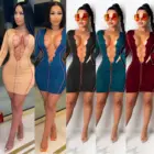 Autumn Fashion Bodycon Dress Bandage Deep V Neck Long Flare Sleeve Sexy Club Wear Autumn Women Dresses