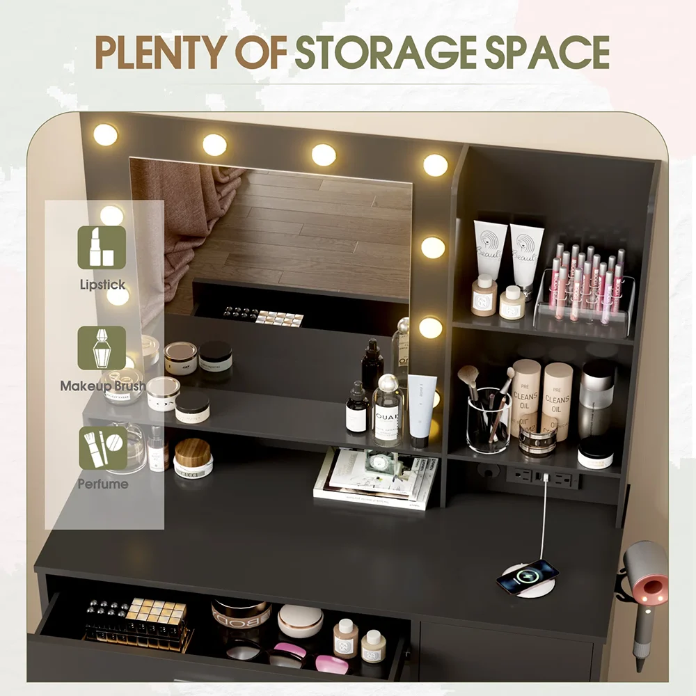 Modern Wood Dressing Table with Lighted Mirror & Power Outlet Makeup Vanity Desk with Drawer Cabinet for Bedroom supplier