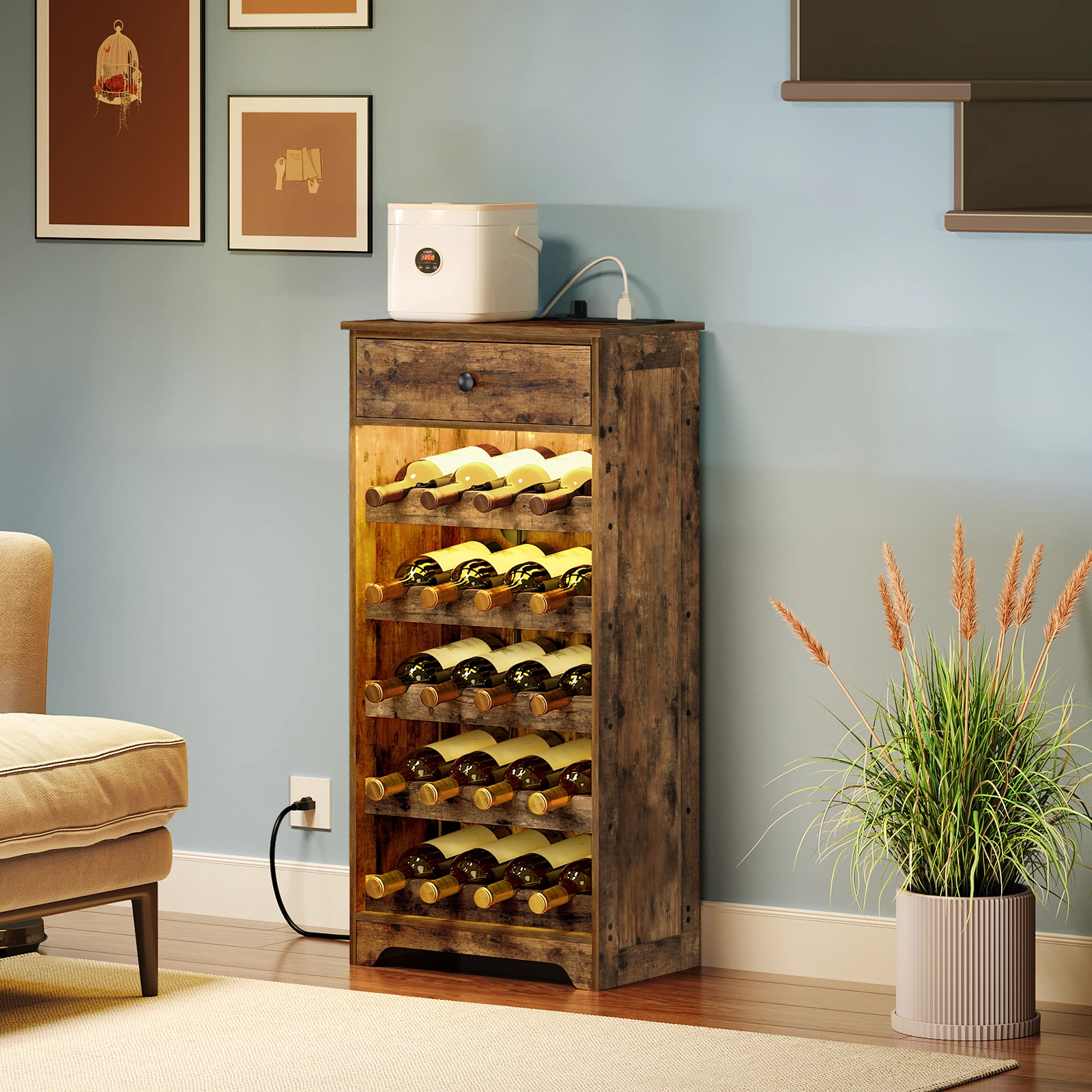 Wholesale Industrial Wood 4/5 Tier Shelves Wine Rack Bar Cabinet With Storage Charging Station for House Living Room Furniture