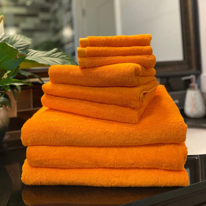 Wholesale personalized orange bath towels set hand towel washcloth factory price cotton towels