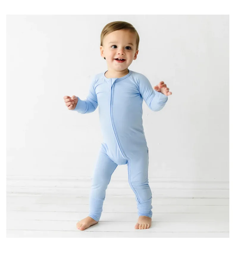 Newborn Baby Clothes Kids Clothing Natural Fabric Plain Solid Ruffle Long Sleeves 100% Bamboo Zipper Baby Pajamas