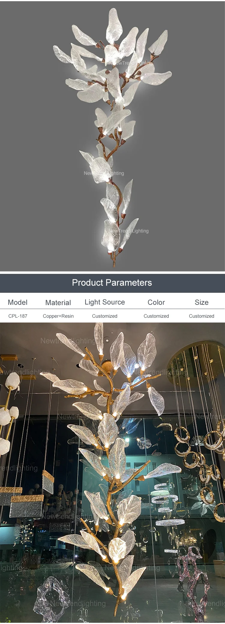CPL-187 Contemporary Design Indoor Decoration Hotel Villa Staircase Mall Modern Copper Branch LED Chandelier supplier