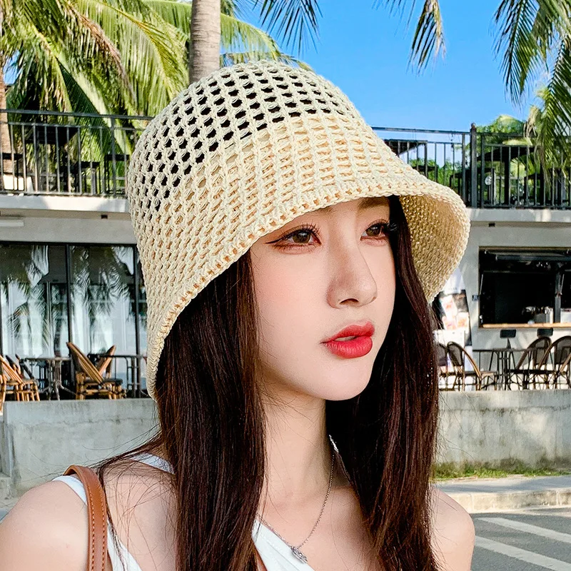 Summer Sun protection Hat Women Outdoor Knitting Sun Hat Hollow Fisherman Bucket Hat Cap