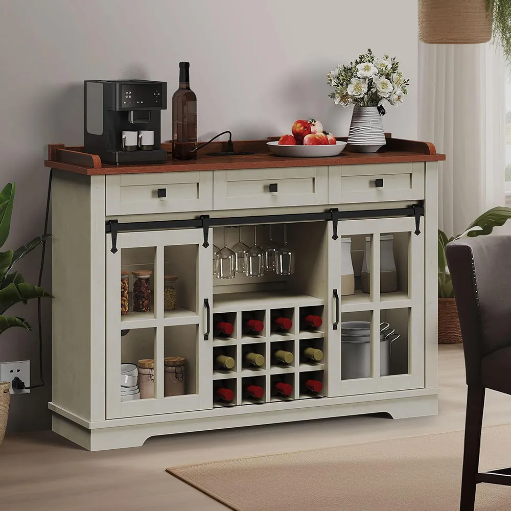 Antique Modern Wood Wine Bar Cabinet with Power Outlet 53" Living Room Storage Cabinet Featuring Wine & Glass Racks factory