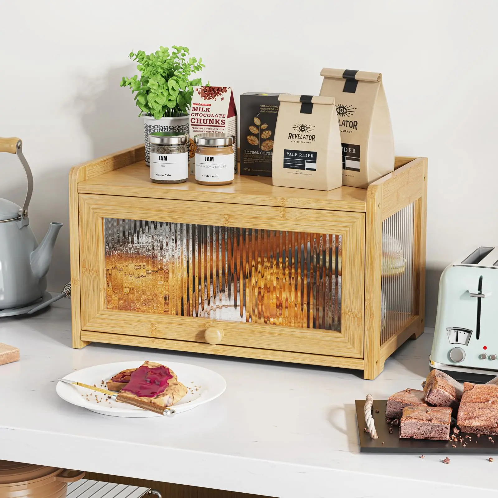 product large capacity bamboo bread box rectangle shape kitchen counters and bread storage containers organizer for kitchen cabinets-10