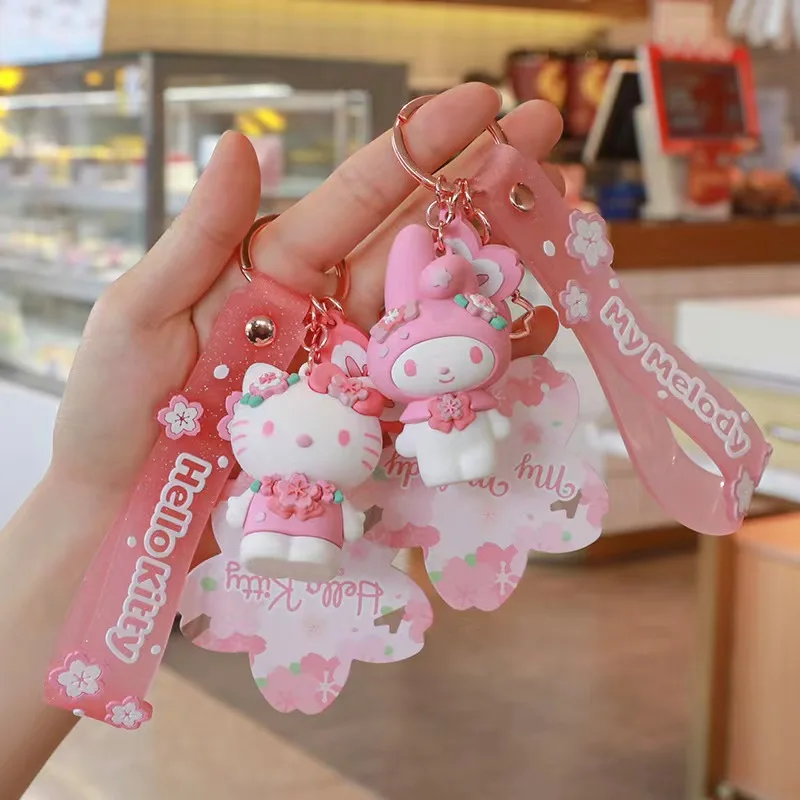 Kawaii Hello Kitty Keychain Pink Kuromi Melody Cinnamoroll Car Pendant Key Ring Ornaments Toys Kids Dolls Girl&Child Gift