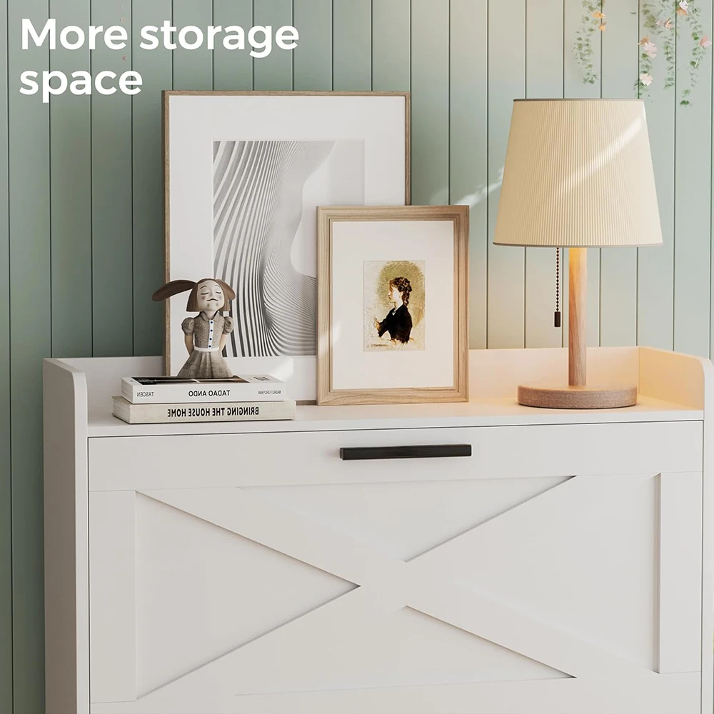 32\" Modern Farmhouse White Shoe Storage Cabinet 2 Flip Drawers Barn Door Design Adjustable Shelves Slim Narrow Shoe Rack details