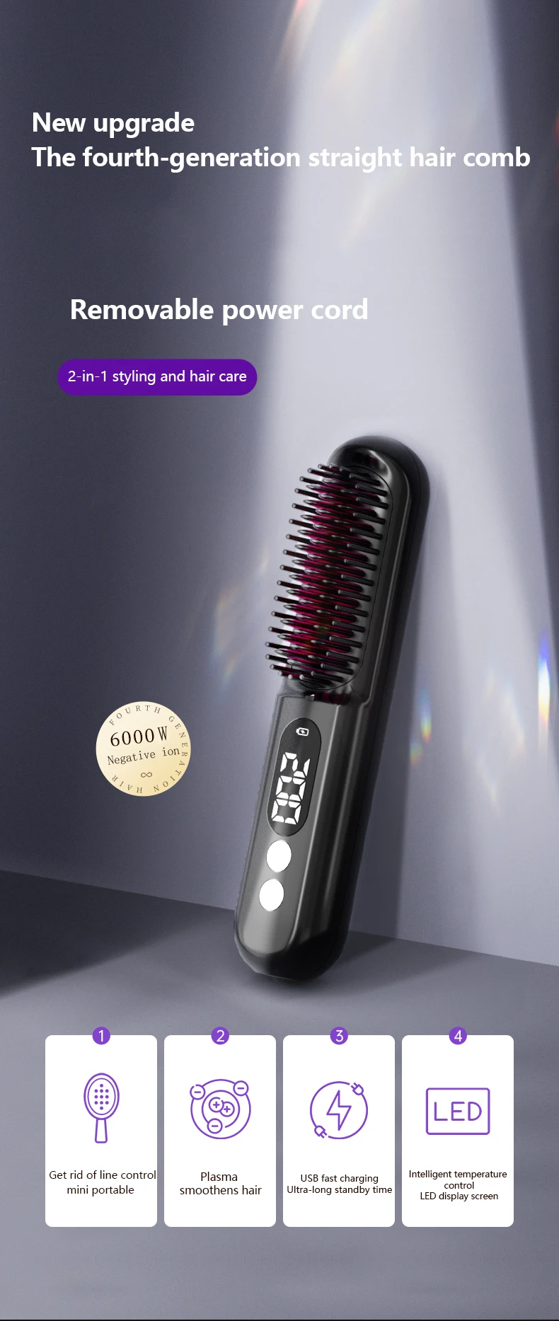 MESKY Cordless USB Rechargeable Ionic Hair Comb Fast Heating Mini Wireless Hair Straightener Brush details
