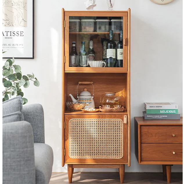 Small size rattan woven narrow side cabinet Japanese integrated wine cabinet