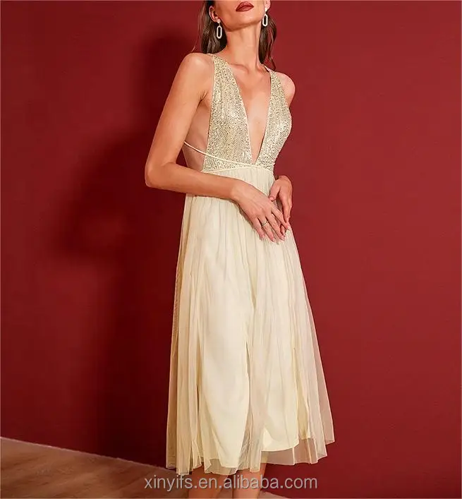 Sexy Deep V Champagne Nobl Skirt Backless Luxury Gowns Party Evening Dresses  Chiffon Sling Tucked Waist A-Line Gauze Sequin