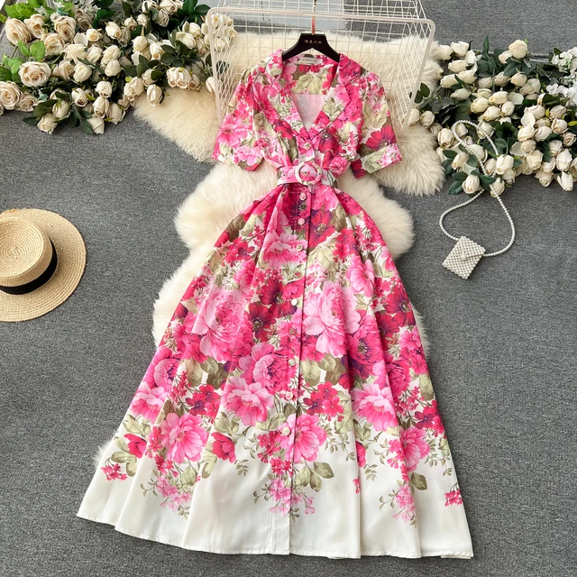 LE1935 2024 Summer Flower Series Print Dress Luxury Suit Collar Single Breasted Evening Gown Ladies Office A-Line Maxi Dress