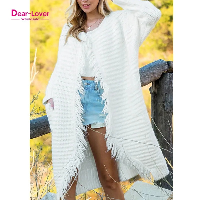 Dear-Lover White Fringed Open Front Pocketed Maxi Oversized Cardigan Women