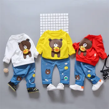 Factory Boy's Clothing Sets Cartoon Bear Prints Top and Jeans Pants Children's Two Piece Outfit Autumn Spring Cheap Kids Clothes