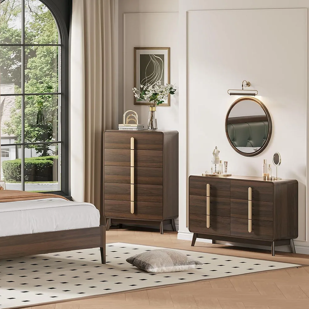 product modern mid century tall dresser with 5 drawers large wood organizer for bedroom or living room efficient storage furniture-1