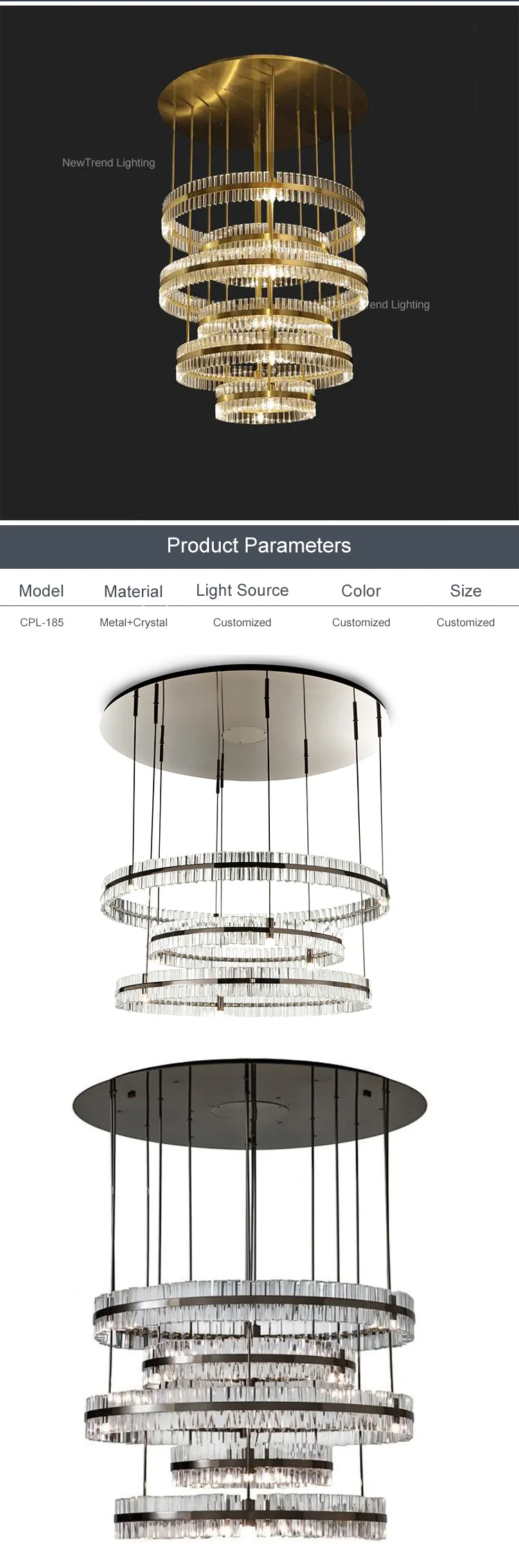 CPL-185 Contemporary Design Indoor Decoration Hotel Villa Staircase Modern Ring Metal Crystal Luxury LED Chandelier Pendant Light factory