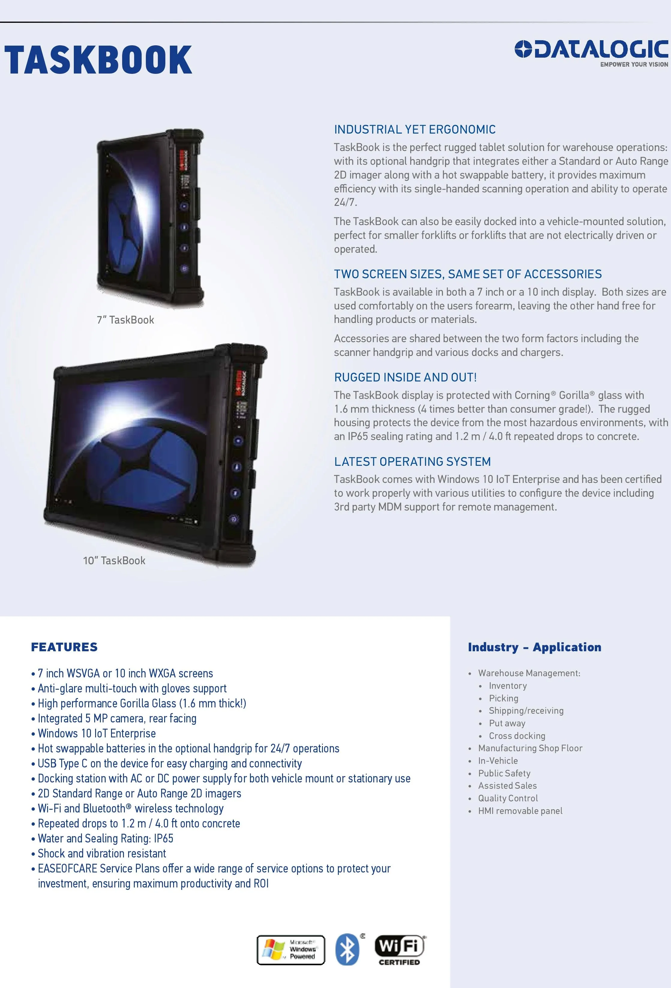 Datalogic Taskbook - Rugged Industrial Mobile Computer for Harsh Conditions, IP65, USB, BT, Wi-Fi, 10 IoT Enterprise
