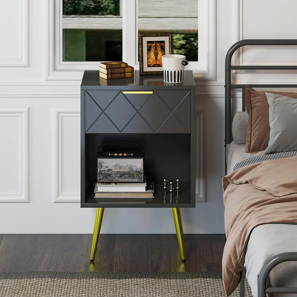 Modern Style Black Nightstand with Open Wood Shelf and Gold Legs Bedside Table Storage Dresser for Living Room Bedroom supplier