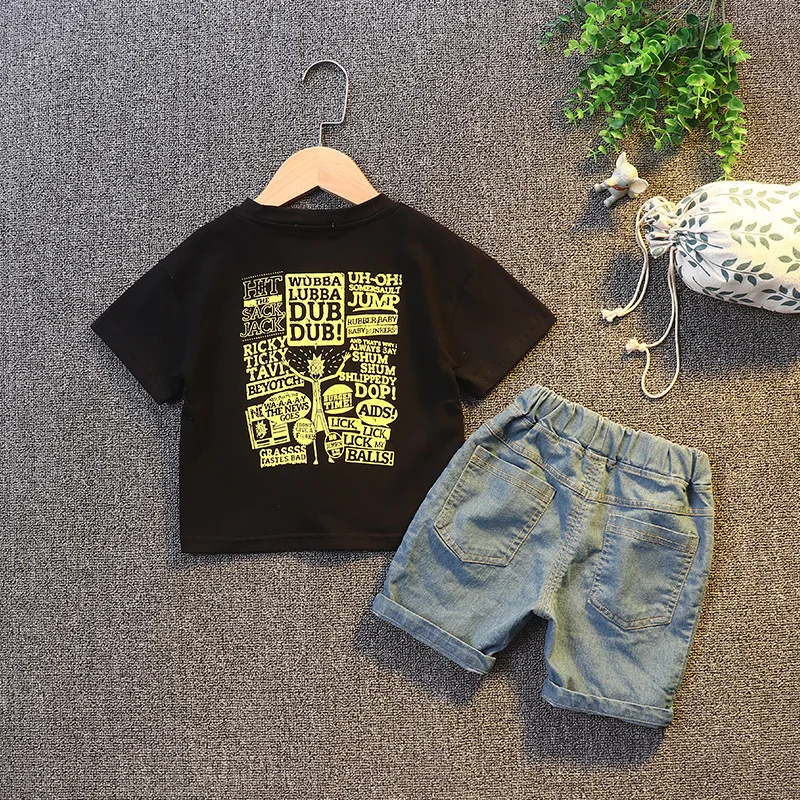 New Design Boys Boutique Clothing Casual Fashion Two-Piece Set Words Printing Cotton T-shirt Jeans Short Outfits For Baby Boy