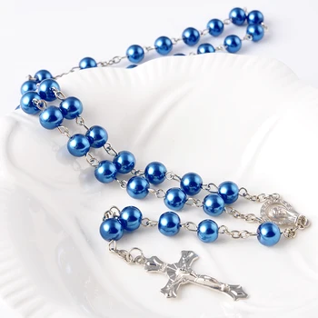 Various Cheapest Glass Pearl Smart Rosary Necklace Cross For Jewelry Making Wholesale Rosary Necklace In China