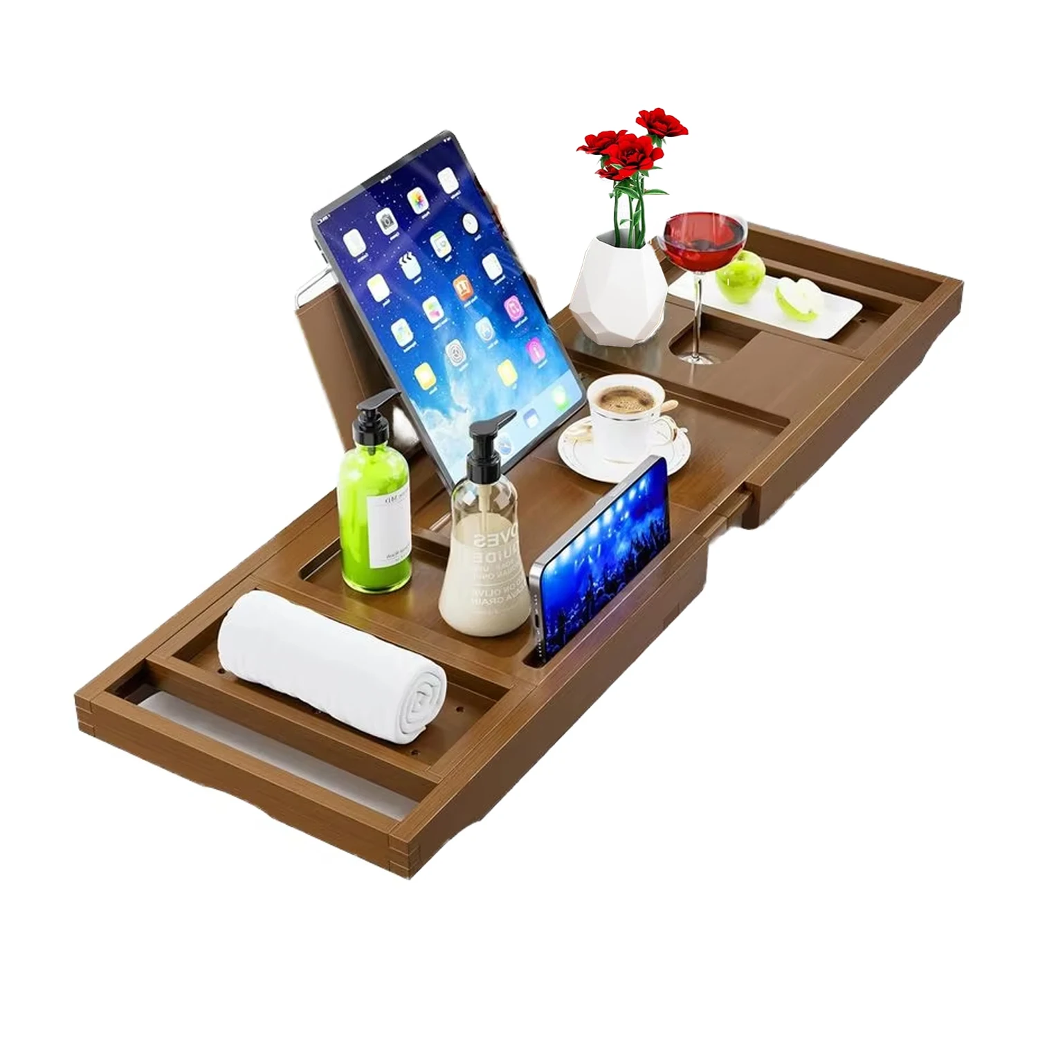 product luxury eco friendly adjustable wood expandable three piece bath tray with wine book holder new design bathroom sets for bath tub-3