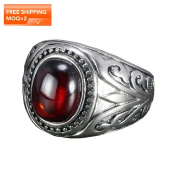 Engraved Flowers Black Onyx Red Garnet Stone Ring Designs For Men Jewelry