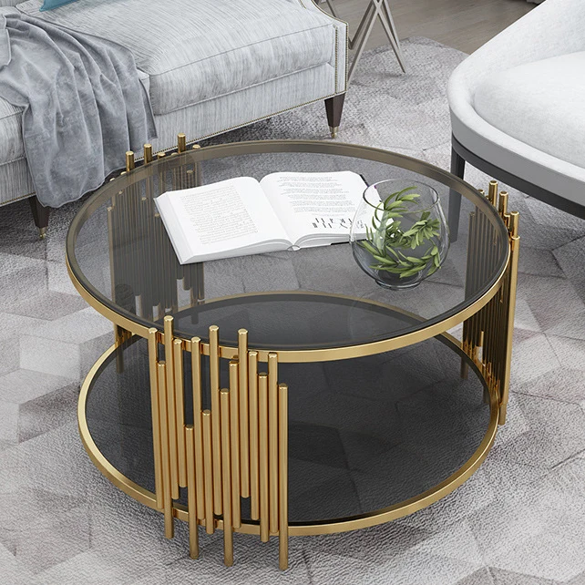 Nordic light luxury round combination of modern simple small living room household table piece golden leg glass top coffee table