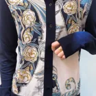 Coats Young Deep Blue Italian Floral Printed Polyester And Silk Casual Fashion Coats For Young Ladies.