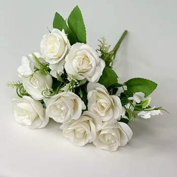 Artificial Flowers Bouquet with Silk Roses Plastic Plant Faux Floral Arrangements for Home Indoor Wedding