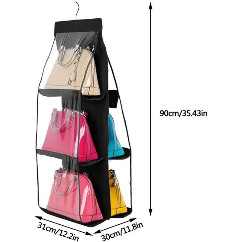 Hanging Handbag Organizer, Dust-Proof Storage Holder Bag Wardrobe Closet for Purse Clutch with 6 Larger Pockets Black