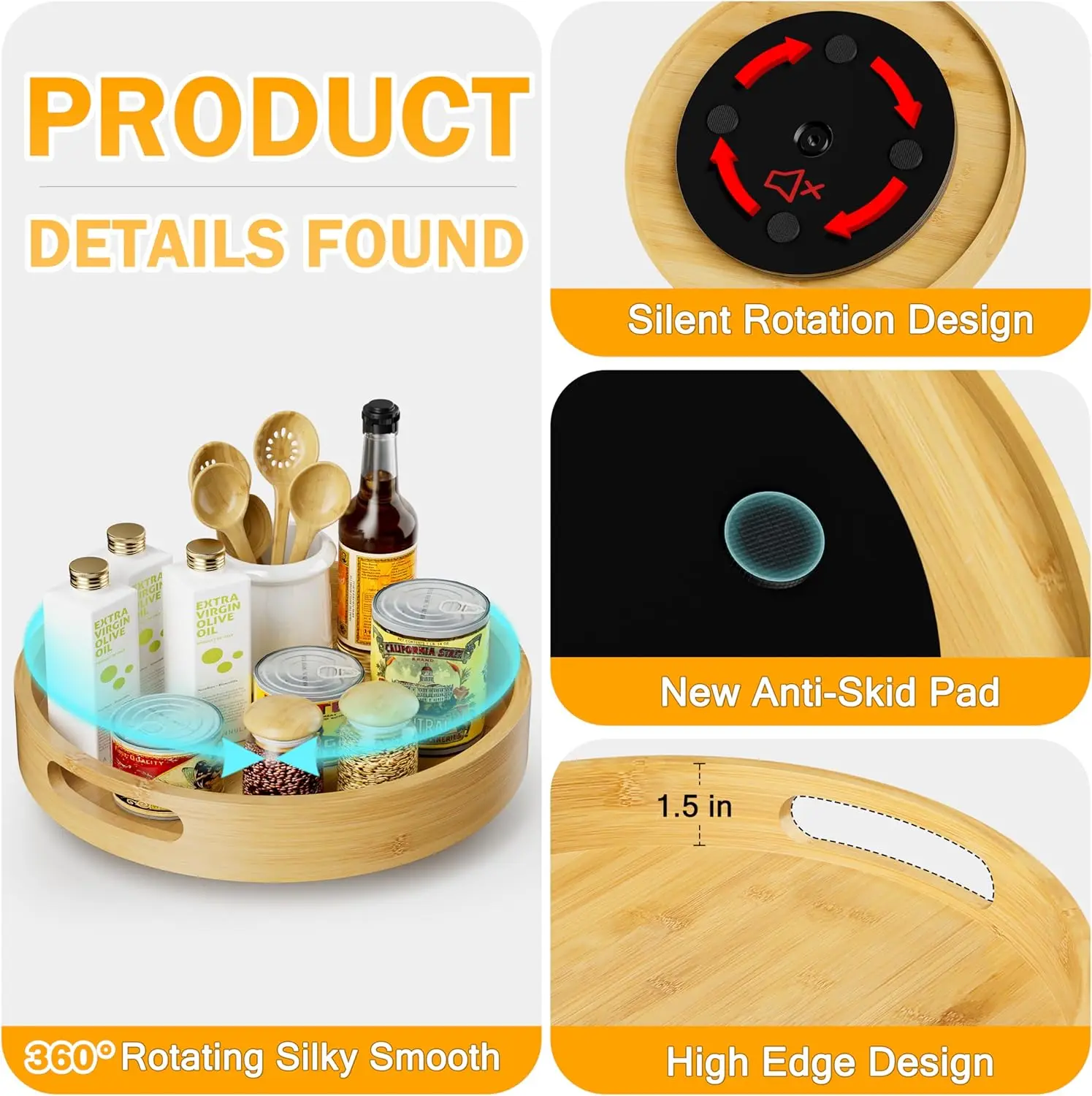 product bamboo lazy susan organizer non skid kitchen rotating spice rack wood turntable kitchen cabinet storage shelves-10