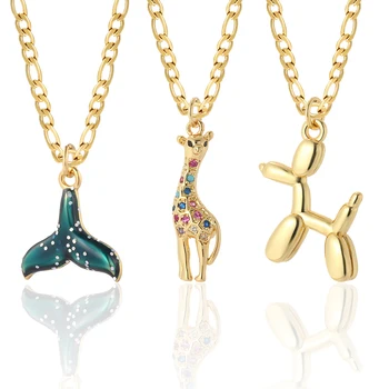 Gold plated cute dolphin starfish shell fish tail giraffe shark balloon dog animal pendant necklace kids jewelry for gifts