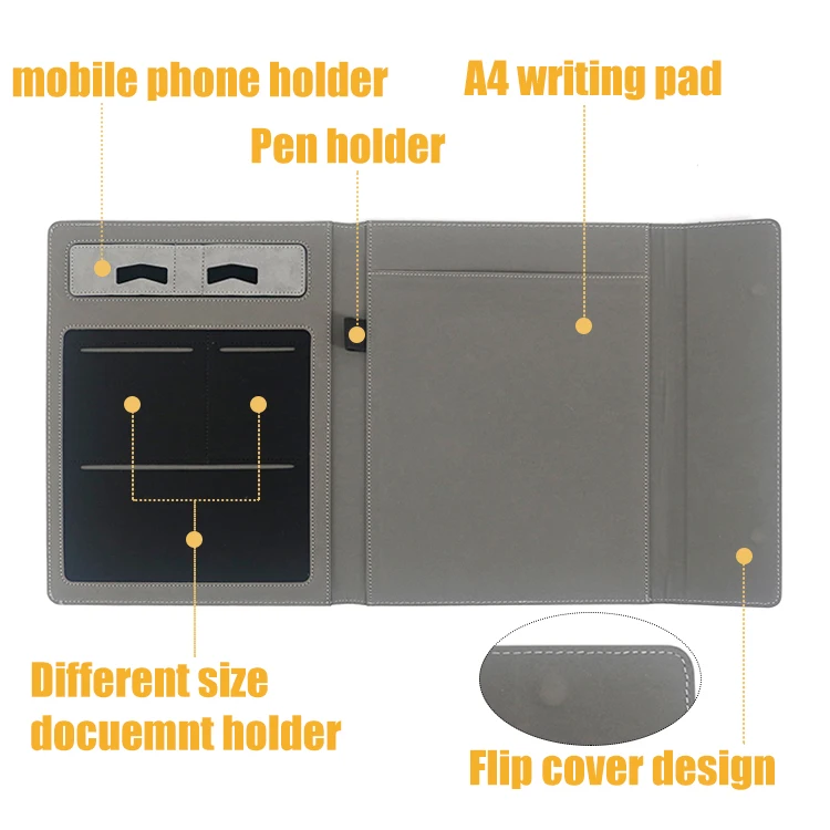 Grey Leather Document Organizer Business Portfolio Folder with Magnetic Flip Cover Design manufacture