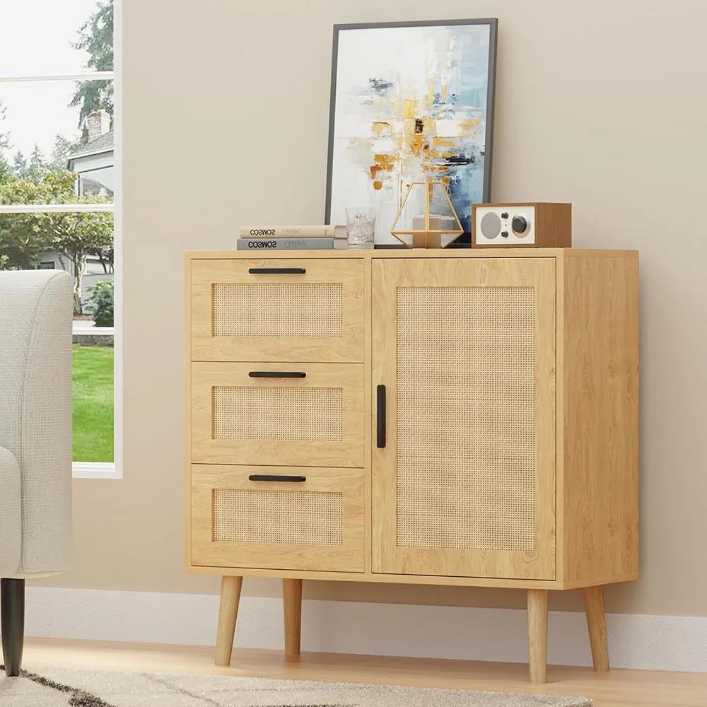 Rattan Sideboard & Wooden Cabinet with 3 Drawers & Door Space-Saving Storage for Living Room manufacture