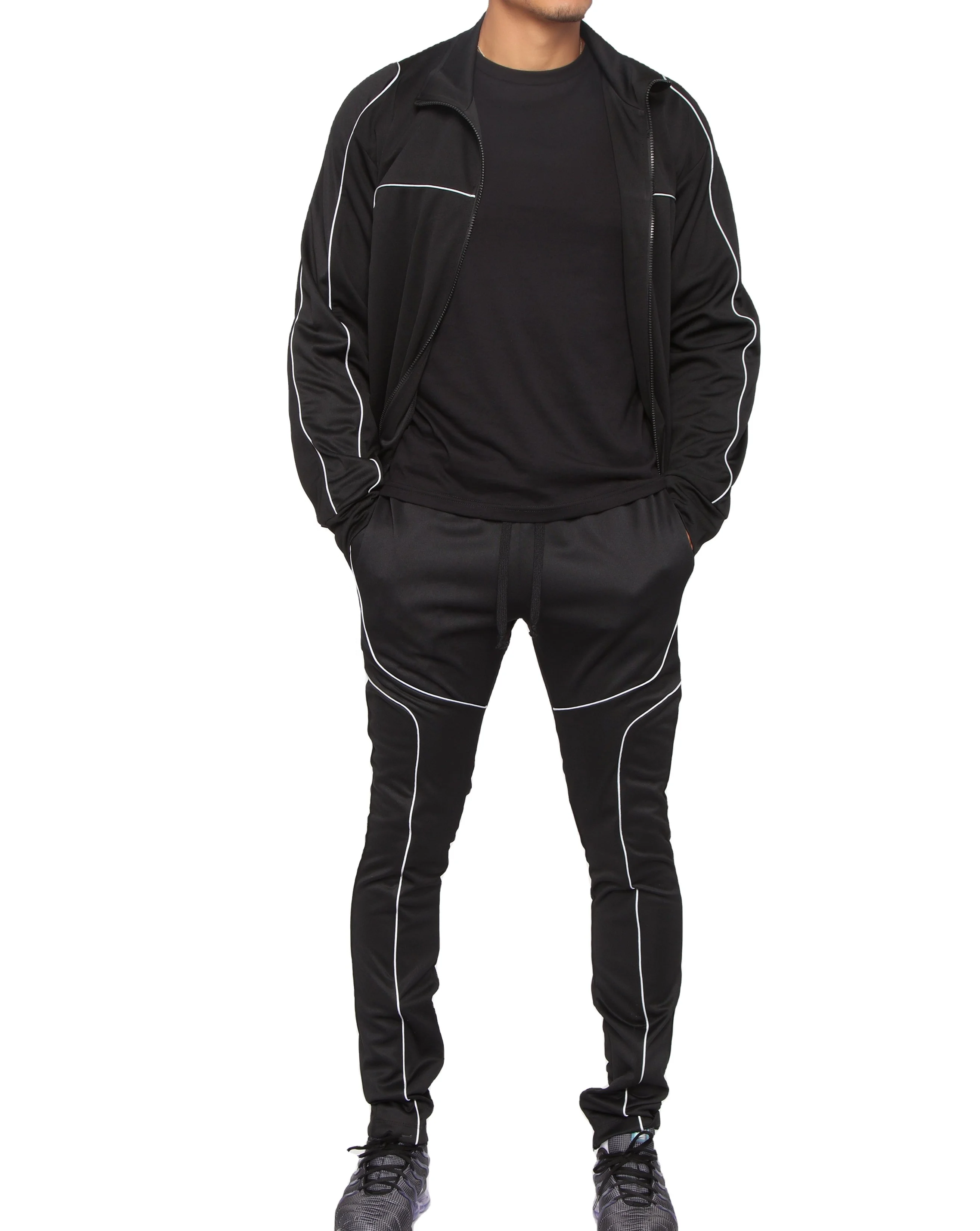 2022 New Design Custom Nylon Reflective Stripe 2 Piece Zipper Training Jogging Sportswear Tracksuit For Men men's sets