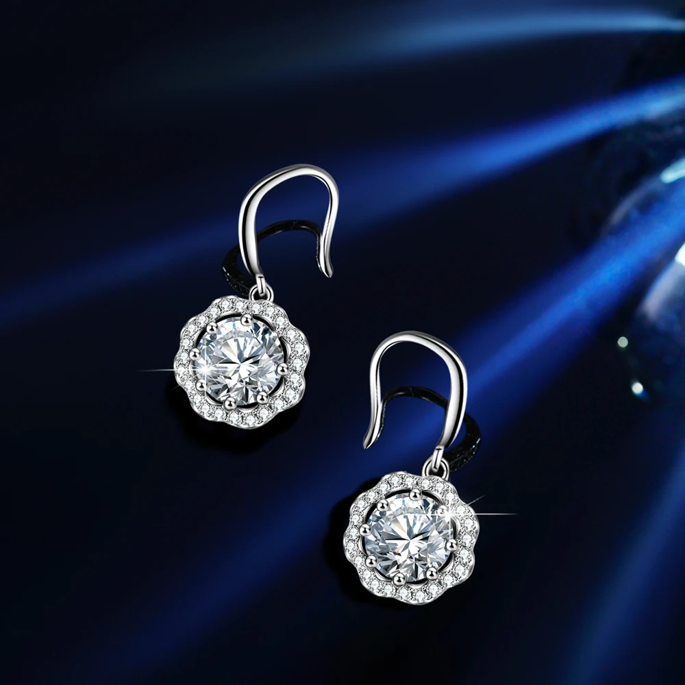 Hot selling S925 Sterling Silver Earrings for Women   Round Earrings, 1 Carat D-Color Mosonite Earrings for Marriage