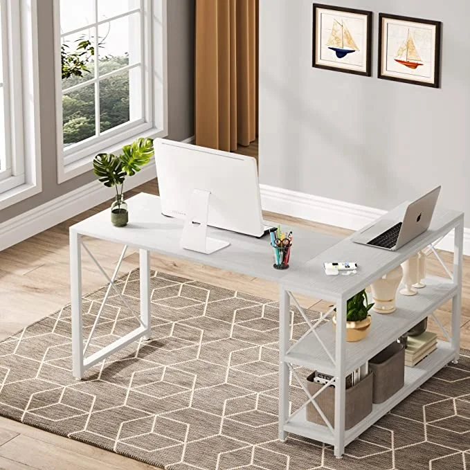 Tribesigns Reversible L Shaped Computer Gaming Desk with bookshelf Modern White Office Desks for Home Office