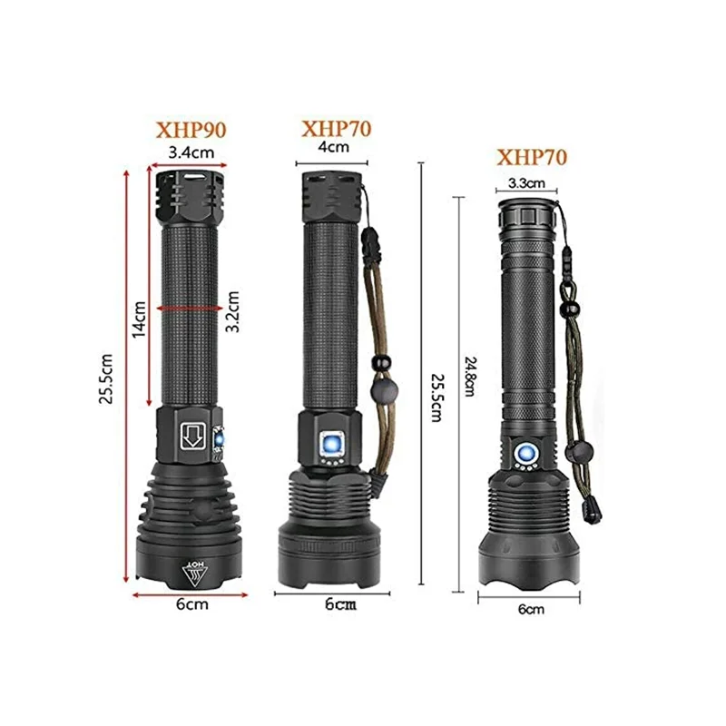 XHP90 Flashlight 6000 Lumens Zoomable Power Display USB Rechargeable Powerful Flashlight Super Bright LED Torch for Hiking