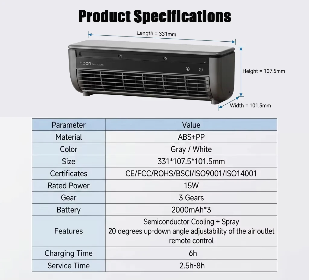 Rechargeable Charging Cooling Fan, Cordless, Portable, Wall - detail 6