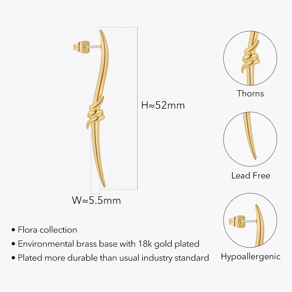 Original Design 18K Gold Plated Brass Jewelry Plant Thorns Drop Earrings For Women Piercing Accessories Earrings E221461
