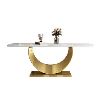 Hanyee 2024 New Arrival Luxury Sintered Stone Dining Table Set 6 Chairs Gold Stainless Steel Base Dining Room Modern Furniture