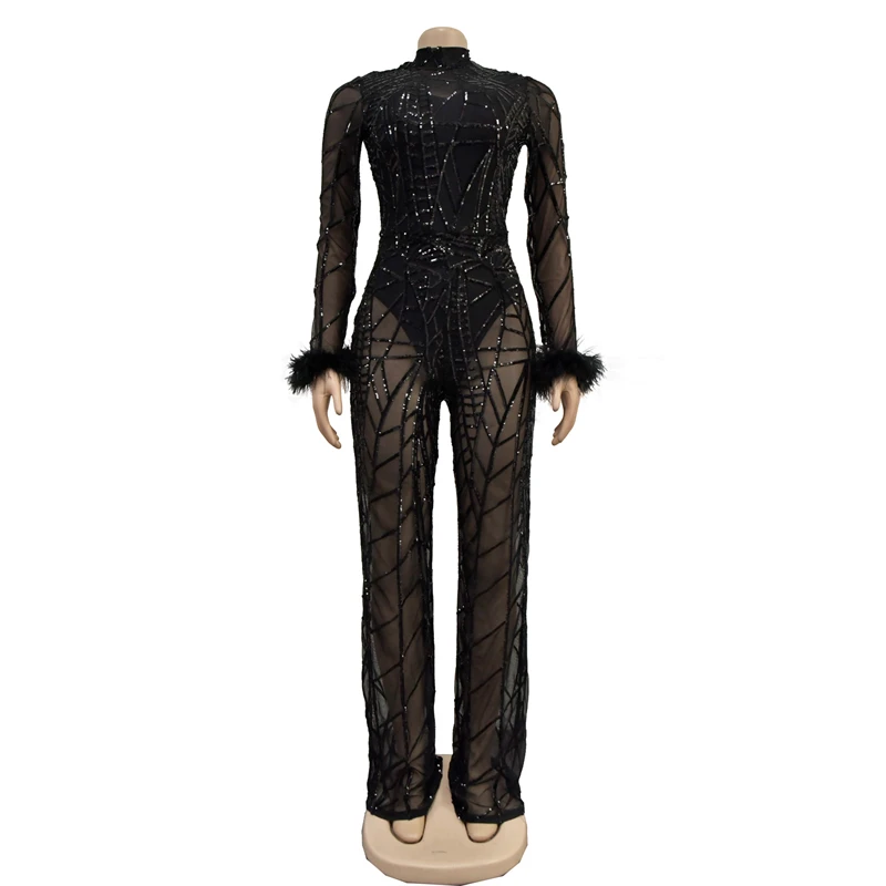 See Through Mesh Rhinestone Elegant Fashion Long Bodysuits Jumpsuit