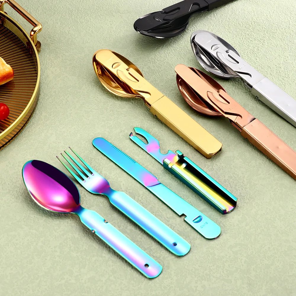 Wholesale Stainless Steel Portable Folding Outdoor Camping Picnic Travel 4 PCS Set Flatware Cutlery Set