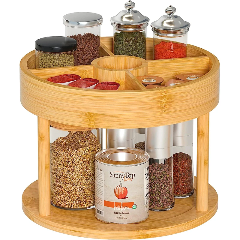 product round 2 tier rotating lazy susan turntable home kitchen bamboo spice rack organizer for cabinet-5