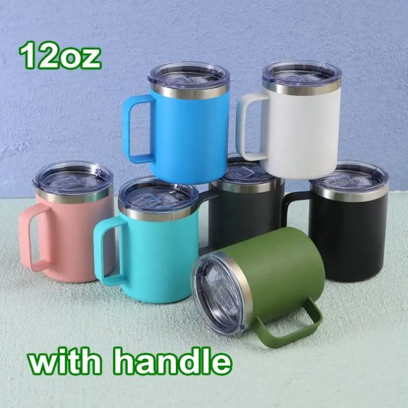 12oz-14oz Custom Double Wall Insulated Stainless Steel Travel Coffee Mug Handle Magnetic Lid Metal Glitter Camper Mug Wholesale