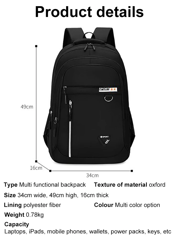 Wholesale Simple Fashion School Backpack Men Waterproof Oxford Travel Breathable Comfort College Student School Bags
